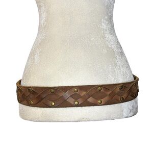 Brown Leather Belt Braided Design Gold Buckle Medium